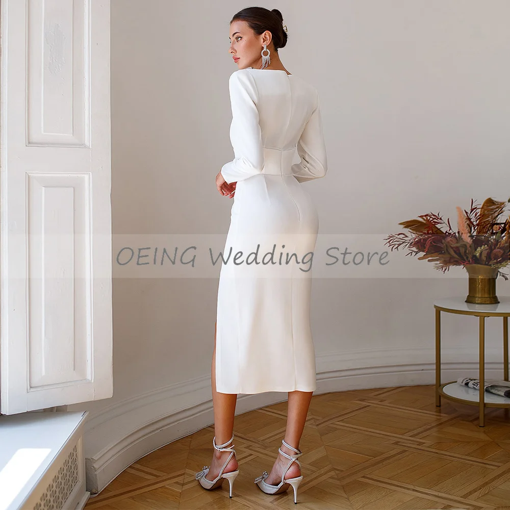 Cocktail Dress 2023 Long Sleeves O Neck Tea Length Sheath  Gown for Women Side Slit Elegant Wedding Guest Gowns Midi