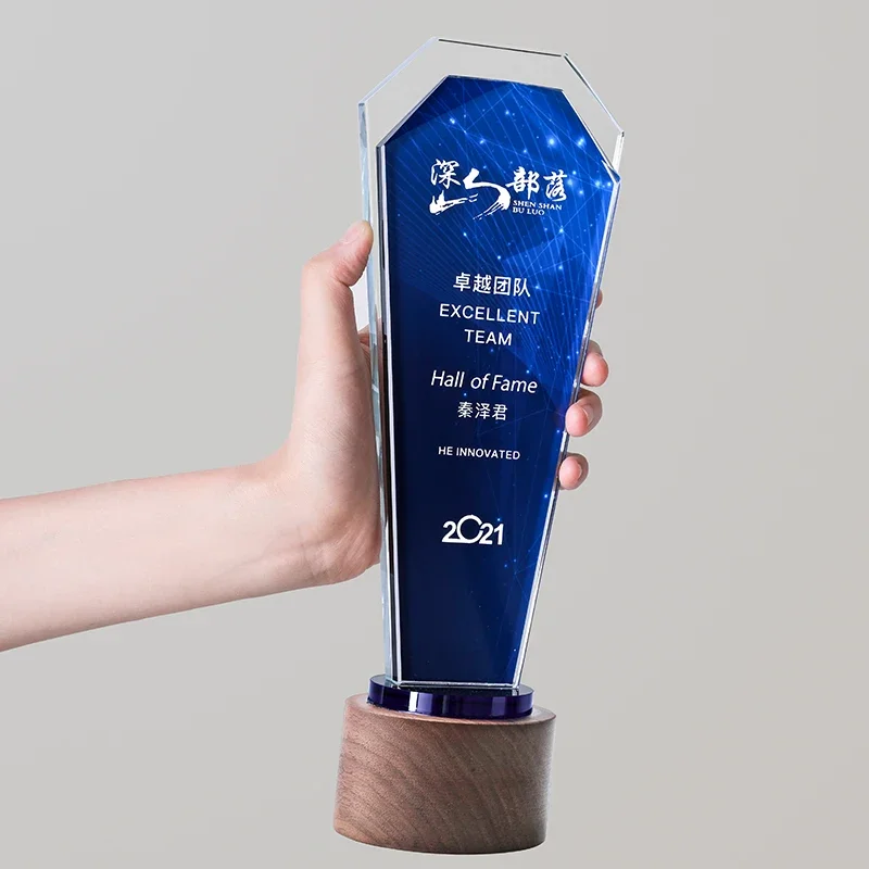 Customized Walnut Base Blue Crystal Trophy, Creative Event Award Collection, Excellent Souvenir, Home Decoration High Grade, 1Pc