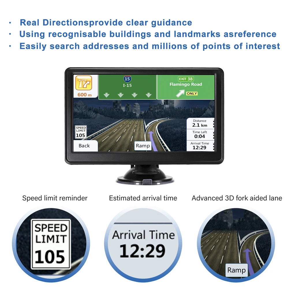 HD 차량용 GPS 네비게이터 FM 송신기, GPS 터치 스크린, 휴대용 위성 네비게이터, 음성 알림 듀얼 시스템, 지도 포함, 7 인치