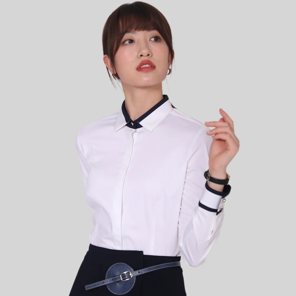 WomensLongSleeveContrastBlackPipingCollarCuffShirtsConcealed