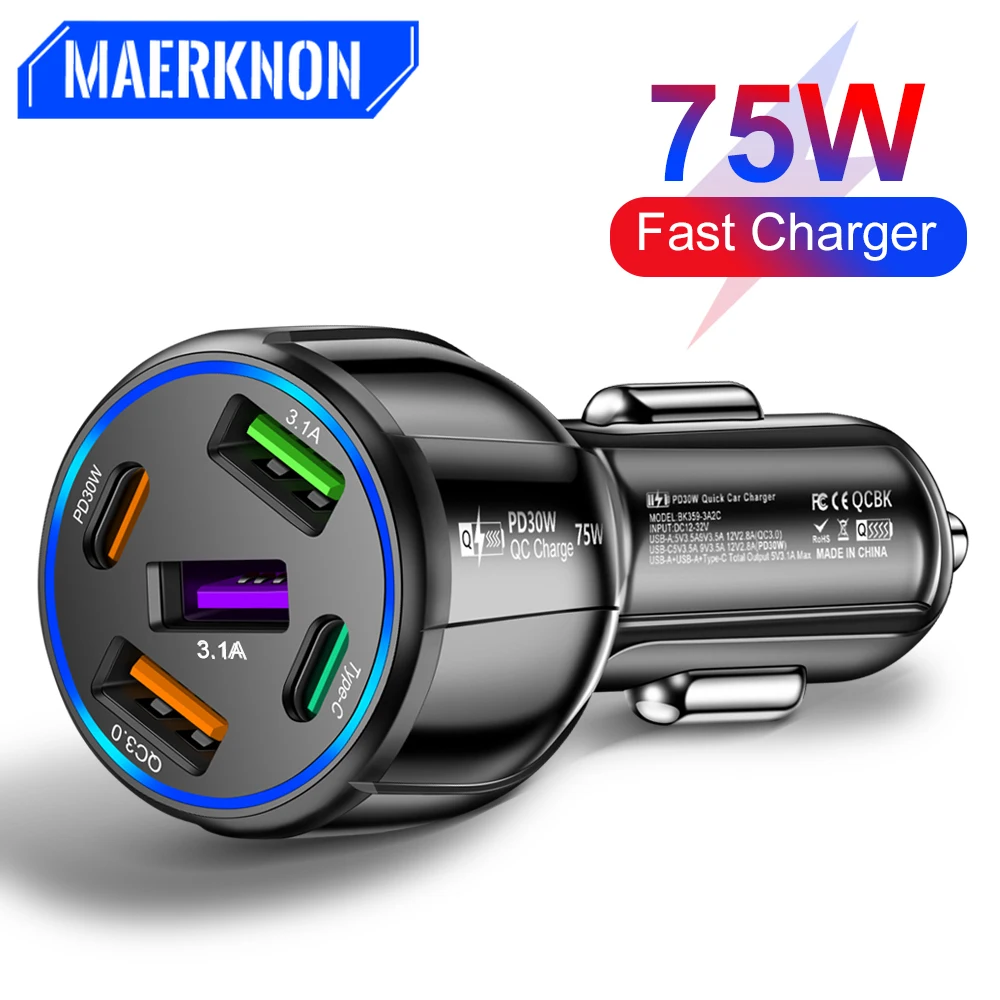 

75W Car Charger Fast Charging Type C QC 3.0 Phone Charger Adapter 5 Ports For iPhone 14 13 Xiaomi Samsung Quick USB Car Chargers