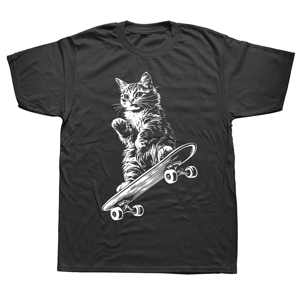 Lustiges Katzen-Skateboard-Skater-T-Shirt aus reiner Baumwolle, Streetwear, Humor-T-Shirt, locker geschnittene Kleidung für Männer und Frauen, Kurzarm