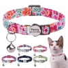 Personalized Cat Collar Quick Release Kitten Cats Collars Cute Print Nylon Pet Necklace With Bell Adjustable for Cats Puppy Pink 1