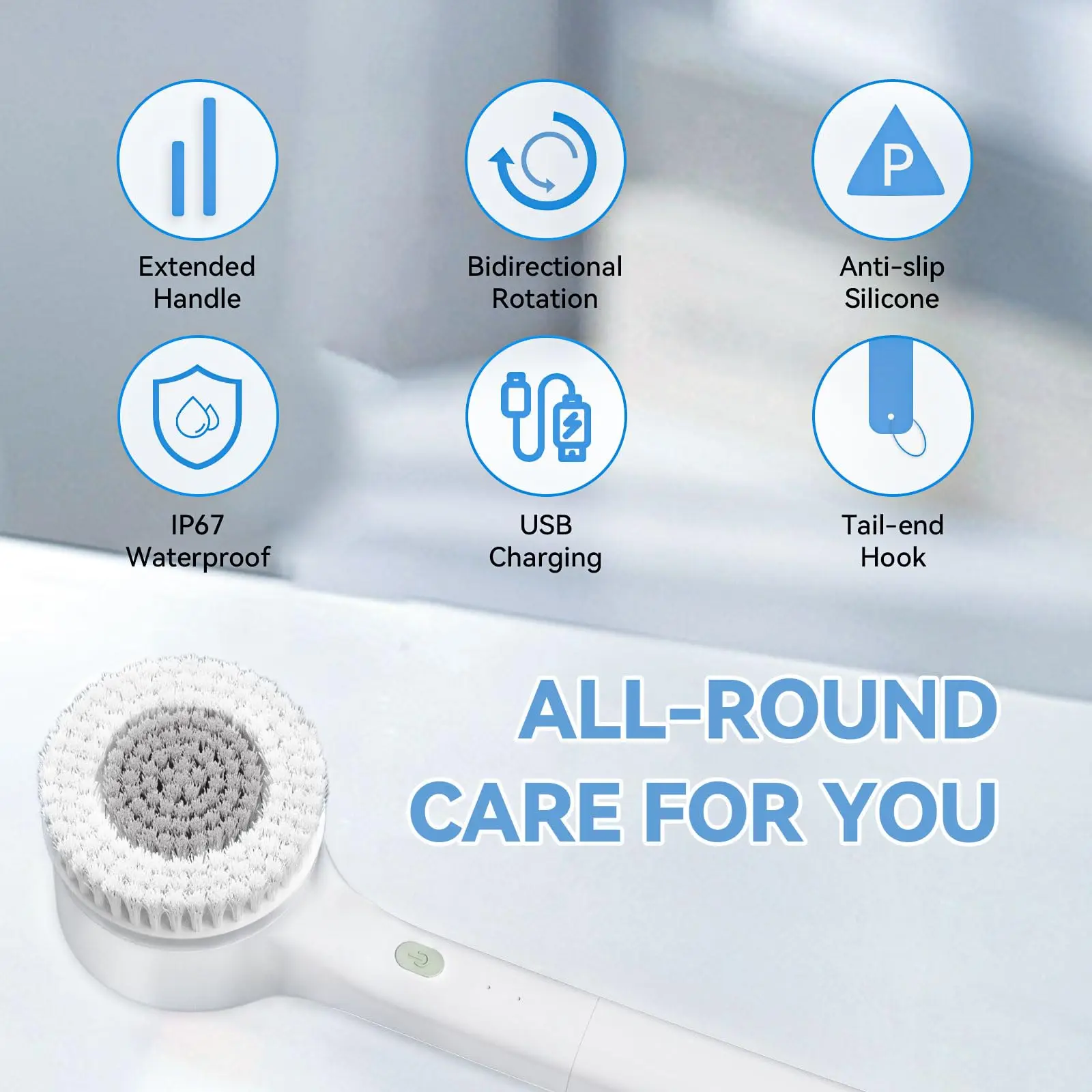Electric Body Brush Rechargeable Silicone Scrubber Back Brush with Long Handle and 3 Spin Heads Suitable