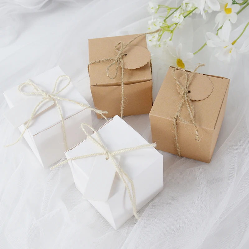10pcs Kraft Paper Square Candy Box DIY Gift Box With Label Tag Wedding Birthday Party Decor Baby Shower Favor Supplies