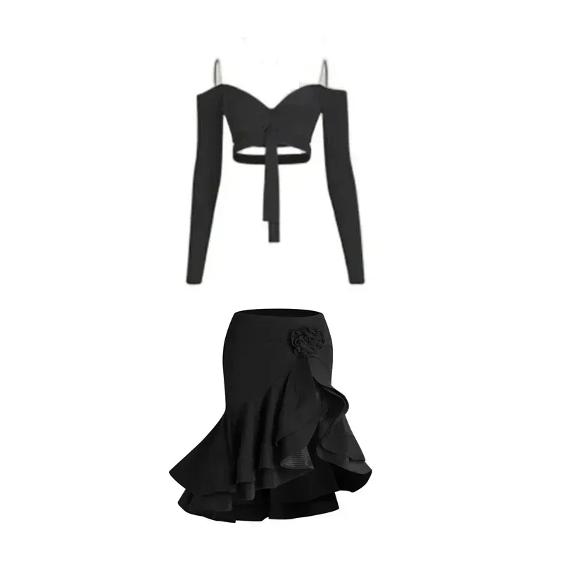 Sexy Off Shoulder Latin Top Ruffled Skirts Latin Dance Costume Stage Performance Clothes Samba Tango Dance Wear Set For Women dance dress dance skirt dance shirts