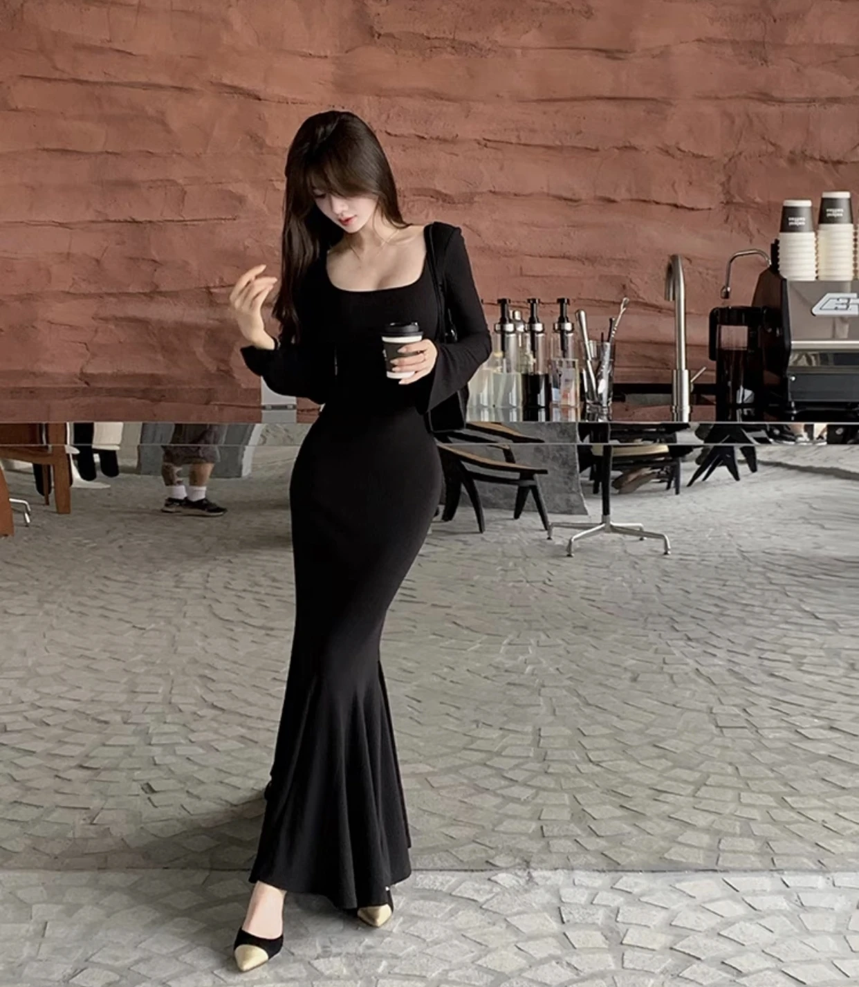 Vestidos largos de moda de otoño para mujer, mangas largas, cuello cuadrado, estilo coreano, corte entallado, sirena, elegantes, básicos, lisos, nuevos