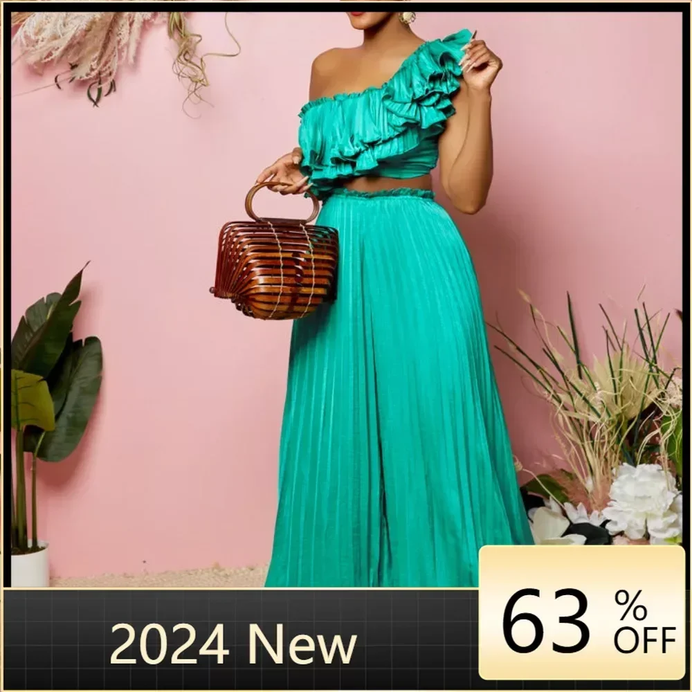 

Women Pleated Elegant Two 2 Piece Set Butterfly Sleeve One Shoulder Crop Top Wide Leg Pants Suit Streetwear Club Party Outfits