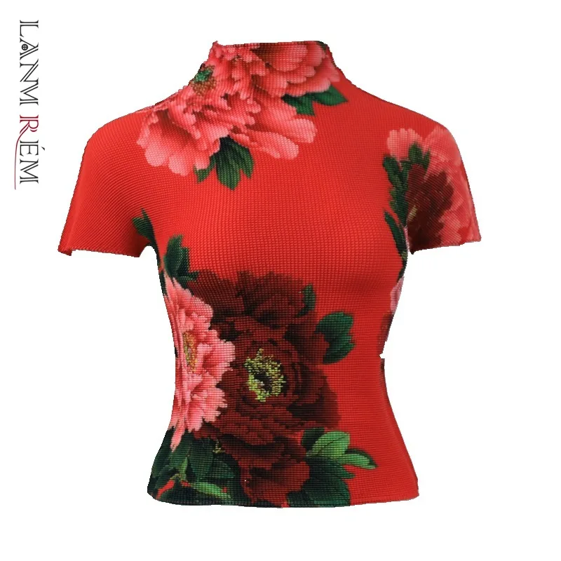 Lanmrem japanischen Stil Plissee Kleidung für Frauen 2024 Sommer neue halbhohe Kragen Kurzarm Stretch Stoff T-Shirt T-Shirt T-Shirt yj779