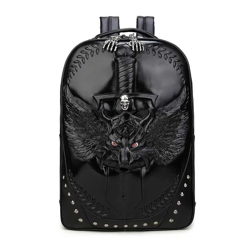 Avant Garde Men Backpack Leather Bagpack Student 3D Embossed Spatial Wolf Sword Skull Travel Shoulders Laptop School Bag Restore 5