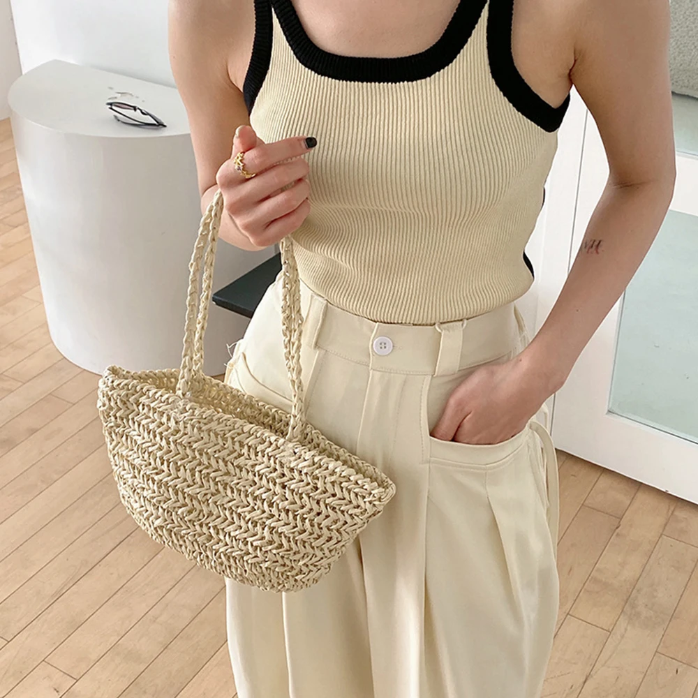 Handmade Woven Straw Bag Bohemian Hollow Basket Bags for Women Paper Rope Women Designer Handbags Travel Beach Shoulder Bag Tote