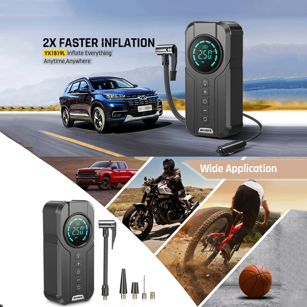 BUVAYE Car Inflator Tire Pump Portable Car Air Compressor for Motorcycles Bicycle Boat Tyre Inflator Digital Auto Inflatable