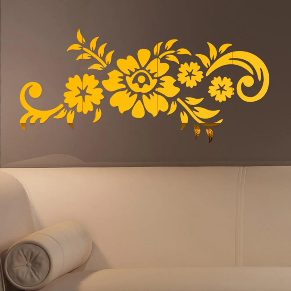Acrylic Mirrored Rose Vine Flower 3D Stickers for Home Wall Mural Stickers Decals Bedroom Living Room Modern Home Decoration