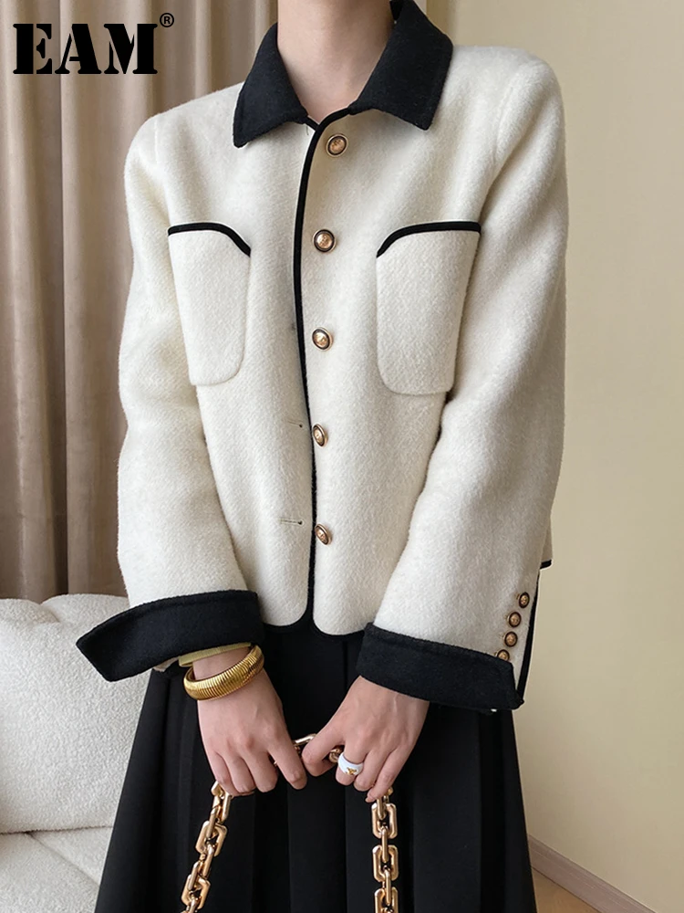 

[EAM] Beige Color-block Big Size Short Woolen Coat New Lapel Long Sleeve Women Jacket Fashion Tide Autumn Winter 2023 1DH0663