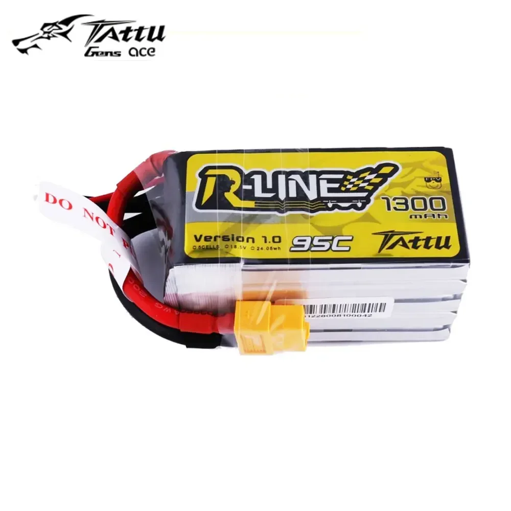 Trois batteries LiPo Tattu R-Line 1300mAh 95C en 4S, 5S et 6S, montrant les différences de taille.