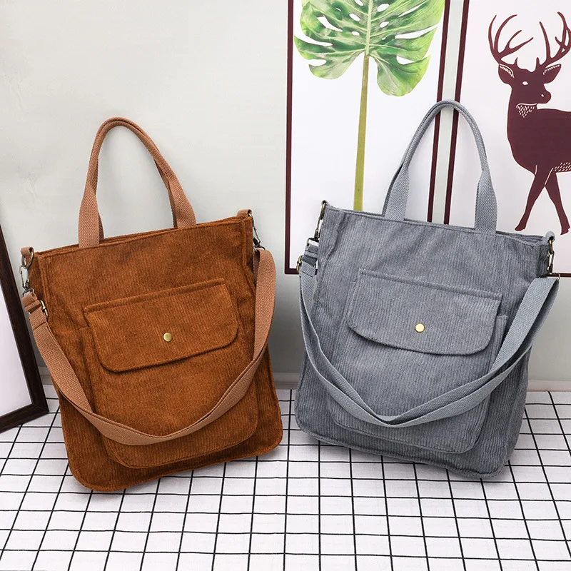 Winter New Corduroy Shoulder Bag Female Large Capacity Shopping Tote Teenager Bookbag Casual Travel Handle Bag Casual Clotch Bag