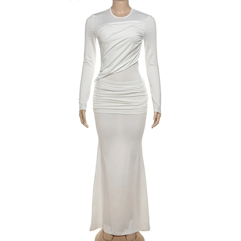 Fashion Mesh Patchwork Maxi Dress Women's Pleated Skinny High Waist Slim See-Through Solid Party Dress Female Long Dress