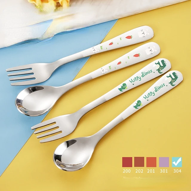 Stainless Steel Children Spoon Fork Animal Cartoon Car Dinosaur