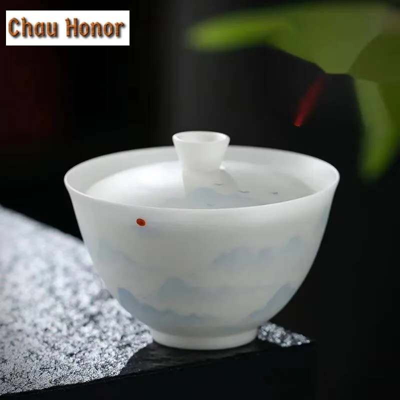 150ml Hand-painted Landscapegaiwan Ice Seed Sheep Fat Jade Porcelain Tea Tureen Tea Maker Cover Bowl Cha Tea Services Gift Box