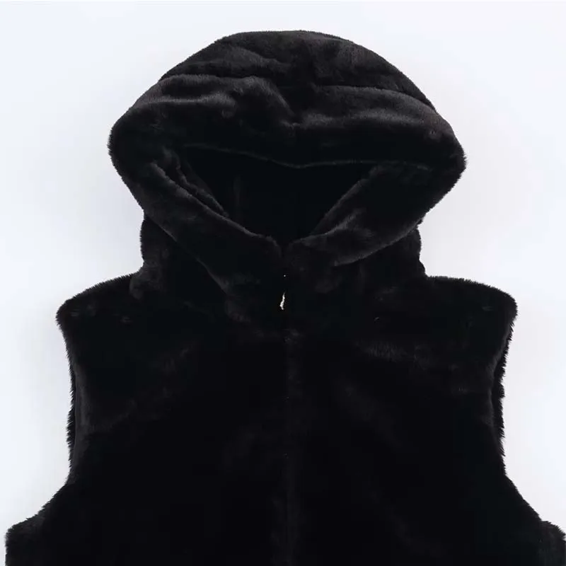 Winter Faux Fur Vests For Women New Fashion Fluffy Sleeveless Jackets Coat Female Zipper Hooded Vests Warm Chic Waiscoat Tops
