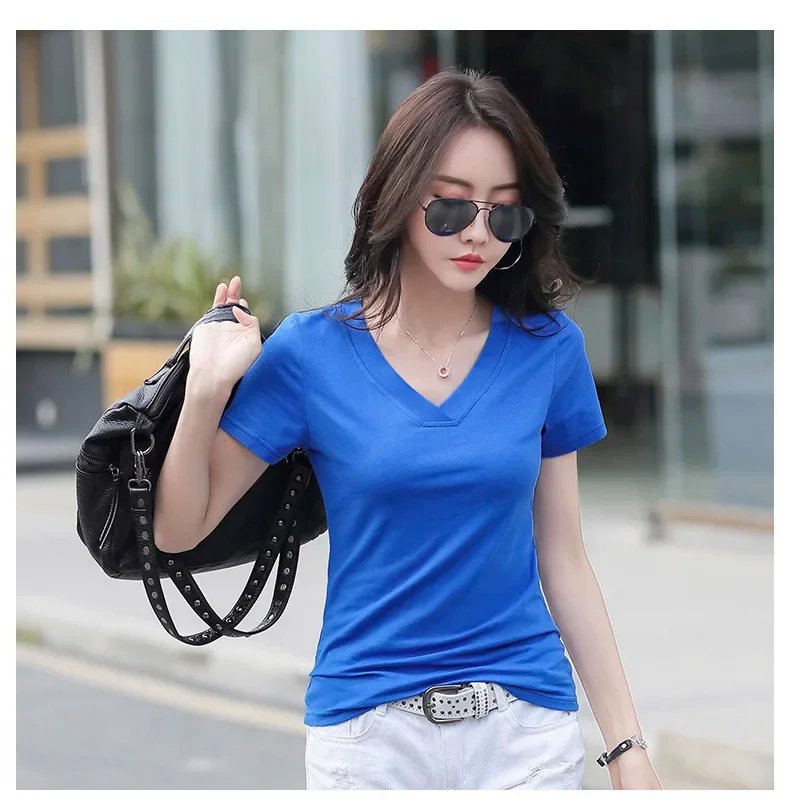 White V-neck Sleeved T-shirt for Women's Summer Wear 2024 New Korean Version Loose Half Sleeved T-shirt Short Upper Garment