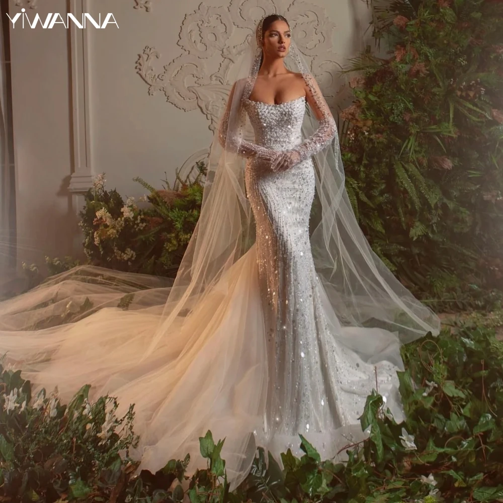 Long Wedding Dress, Sleeveless Wedding Dress, Mermaid Wedding Dress, Applique Bridal Dress, Sequin and Pearl Wedding Dress, Lace Honest Wedding Dress, LB0308