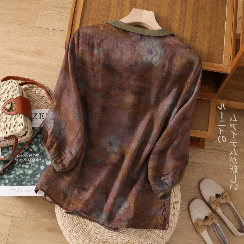 Women's Chinese Style Summer Shirt, Cotton Linen Vintage Blouses, Prints Clothing, Loose Short Sleeve Tops