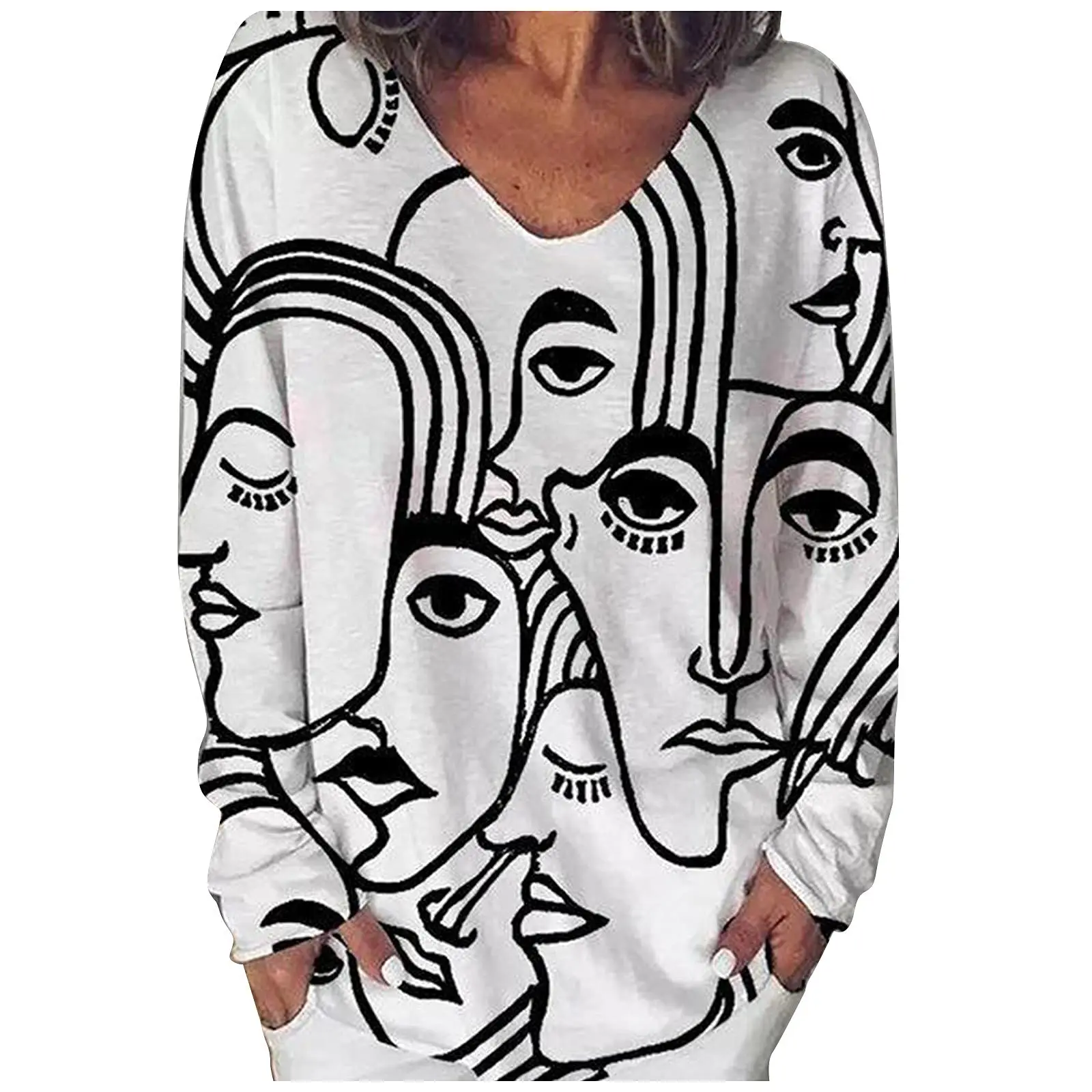 

Face Abstract T-Shirts 3D Print Women Fashion Casual Long Sleeve V-Neck T Shirt Oversized Harajuku Y2k Woman Tops Tees Clothing