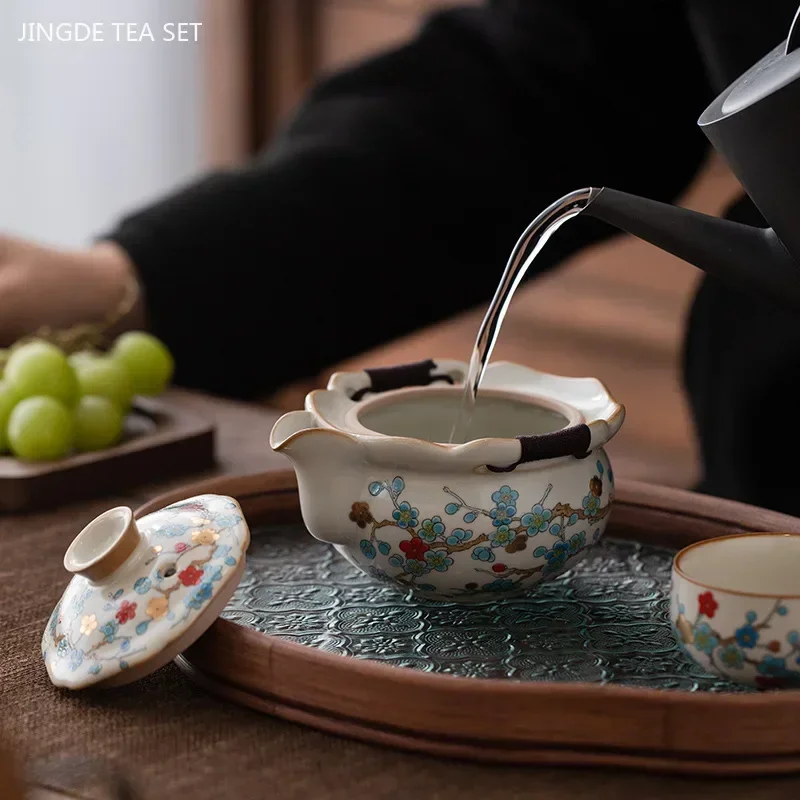 Ru Kiln Plum Blossom Pattern Hand Grab Pot Enamel Color Ceramic Teapot Ball Hole Filter Tea Infuser Chinese Tea Accessories