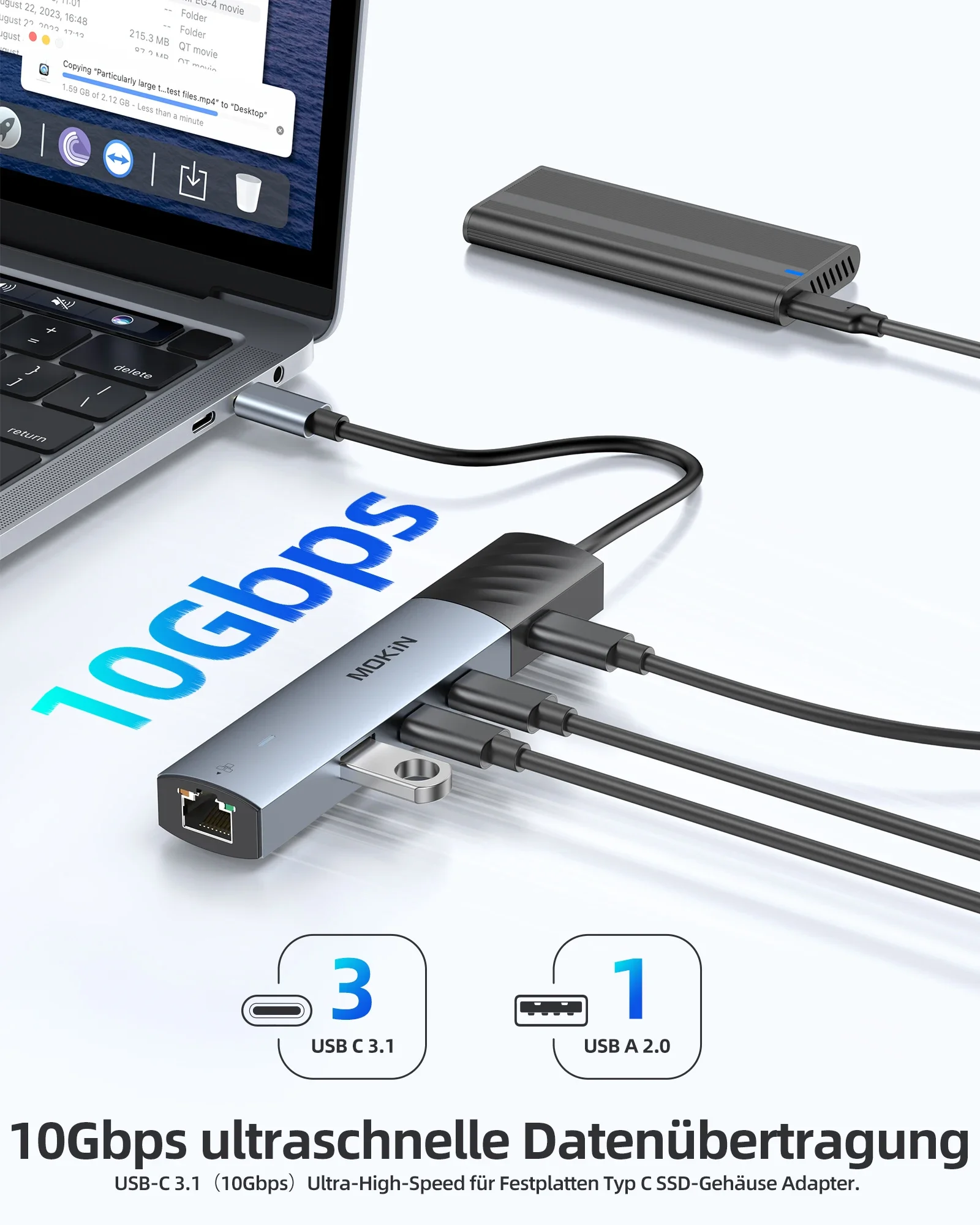 MOKiN USB Hub Docking Station Laptop Hub Adapter with 4K60Hz HDMI 10Gbps USB3.1 1000Mbps Ethernet 100W PD3.0 for Macbook Pro/Air 5