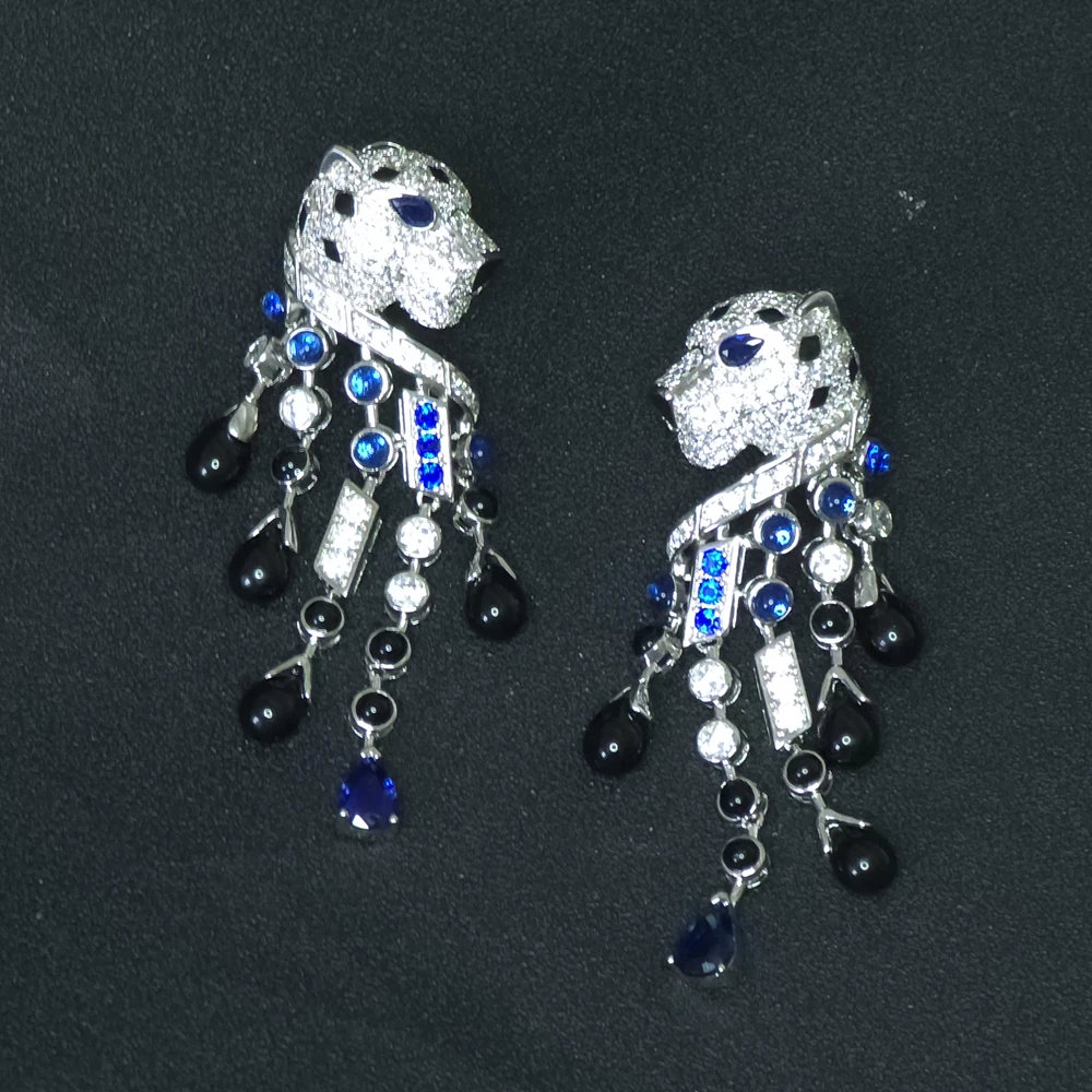 Large Black Blue Stone Leopard Tassel Long Dangle Panther