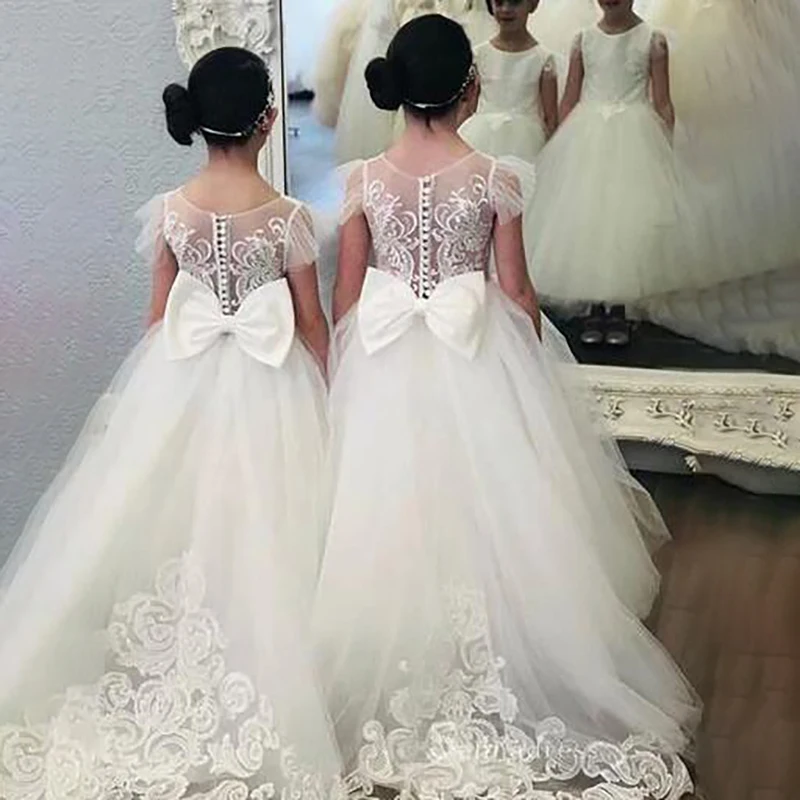 

Lace Bow knot Princess Wedding Flower Girls Dress Ball Gowns Custom Made Illusion Back Dance Cute Appliqued First Communion