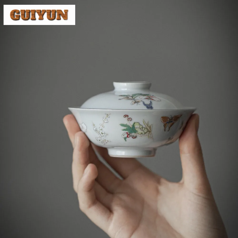 Japanese Moon Butterfly Gaiwan Aesthetic High Foot Tea Bowl Tea Tureen Making Cover Bowl Cha Tableware Equipment Decoration