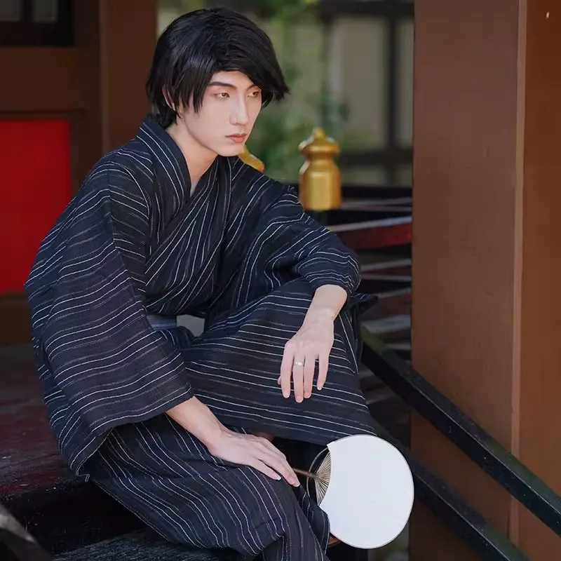 

Japanese Men's Samurai Suit Wukata With Belt Robe Black Kimono Thin Blue Stripes Cosplay