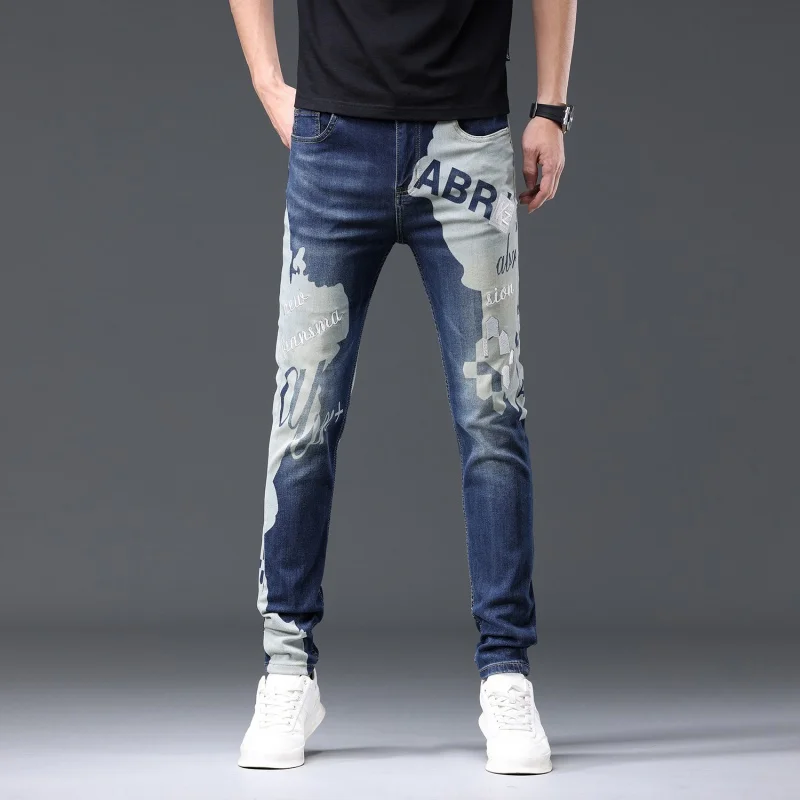 Color Matching Printed Jeans Men's Trend Fashion Street Quality Men's Personalized Embroidery Slim-Fit Stretch Trousers