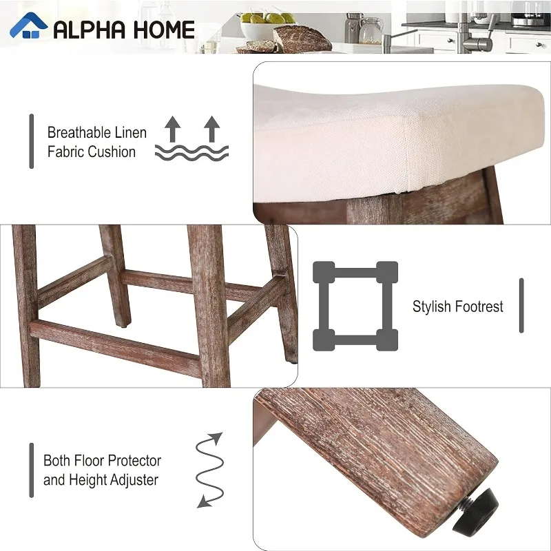 ALPHA HOME Bar Stools Set of 2, Solid Wood Saddle Kitchen Stools with Beige Linen Fabric Cushion Counter Height Barstools 5