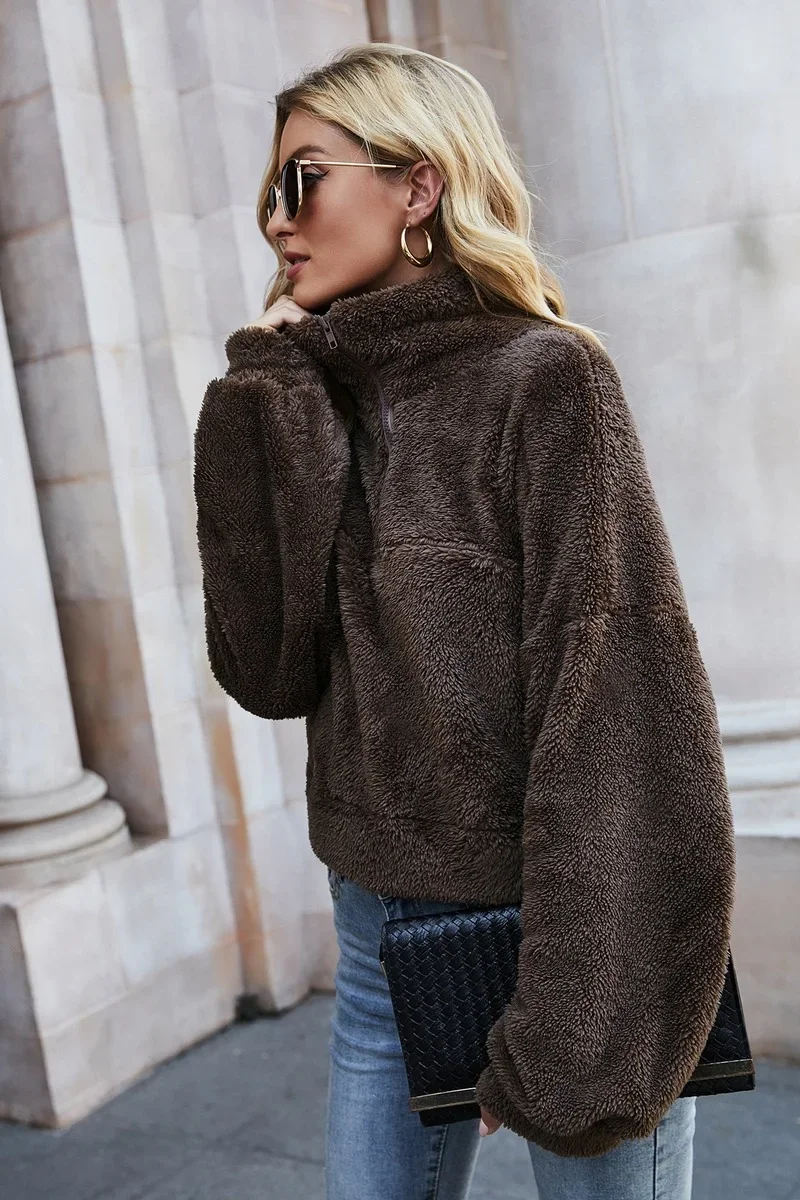 Autumn Winter Plush Thick Pullover Sweatshirts Women Stand Collar Half-Zipper Furry Pullover Casual Commute Coats Chic Warm Tops