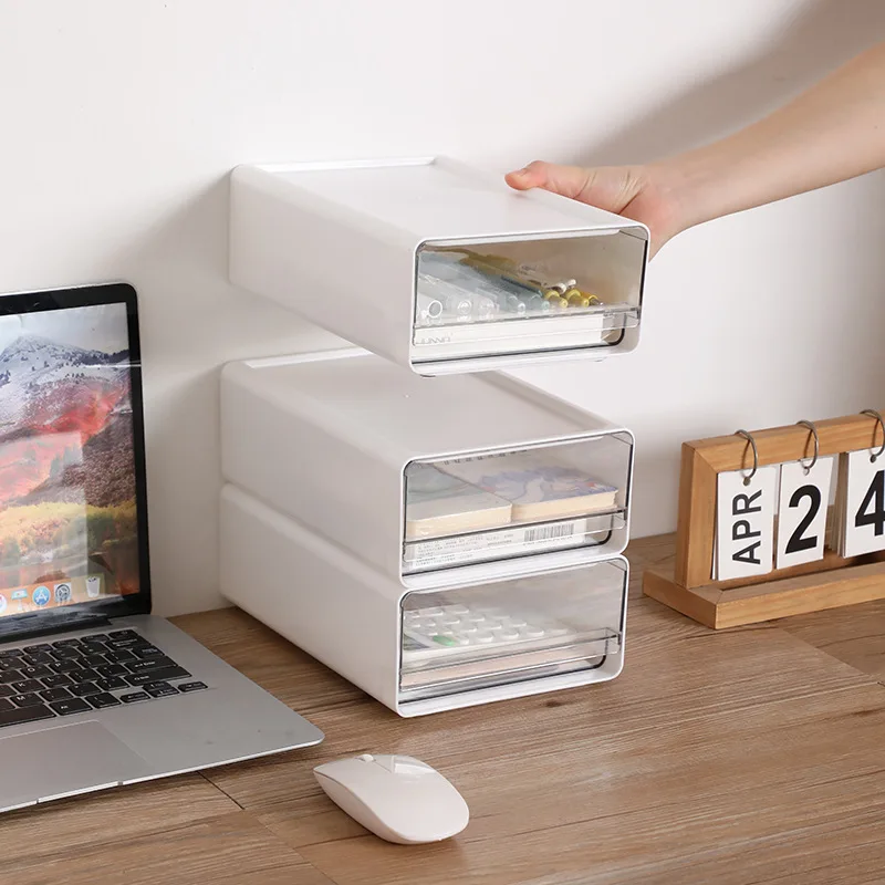 Organizzatore di cassetti impilabile Scatola portaoggetti da tavolo Armadietto portatile per ufficio e studio Cassetti trasparenti con design combinato - immagine 3