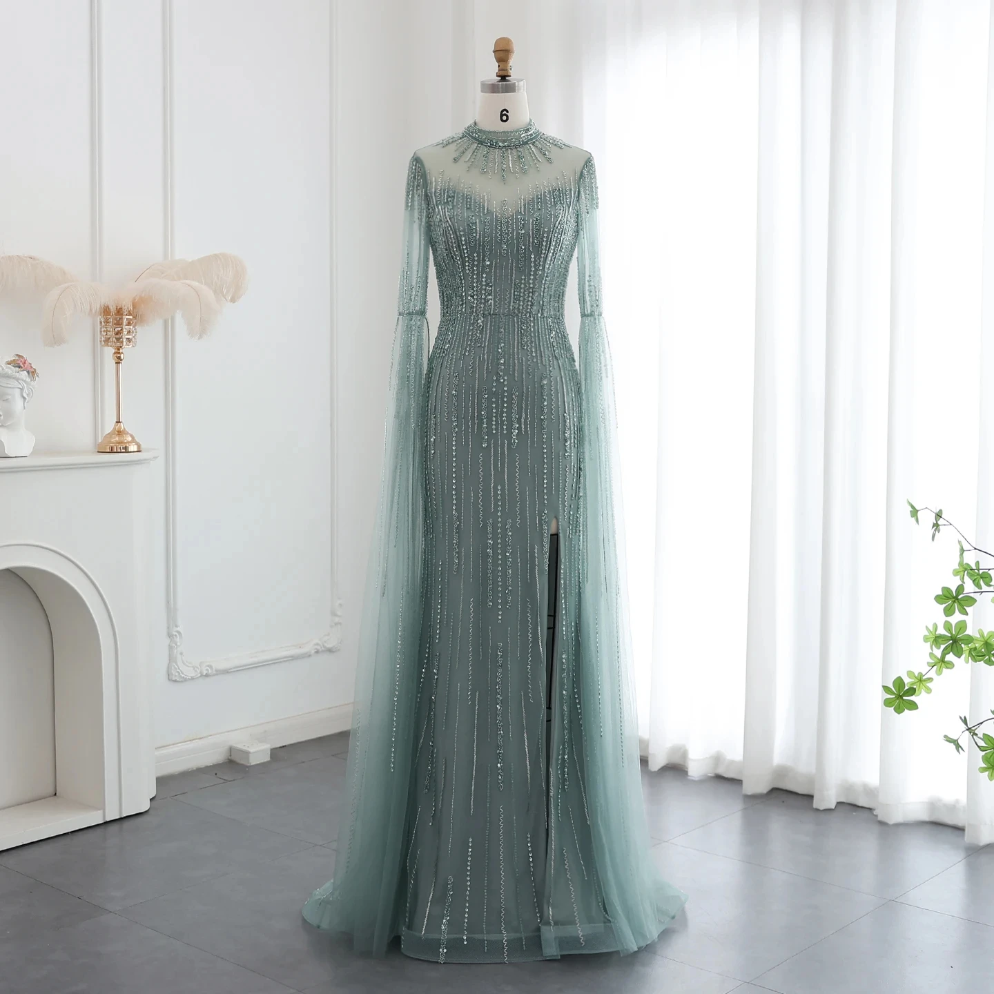 

Jancember Beaded Mermaid Green Evening Dress with Cape Sleeve High Neck Side Slit Nude Women Wedding Party Gowns SZ170