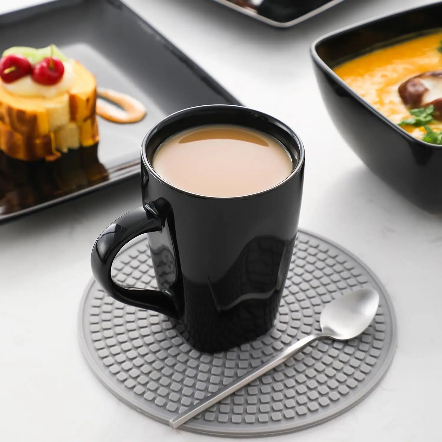 vancasso Soho Dinnerware Set, 16 Pieces, Black Stoneware Square Place Setting, Dinner Plate, Dessert Plate, Bowls, Mugs, Service