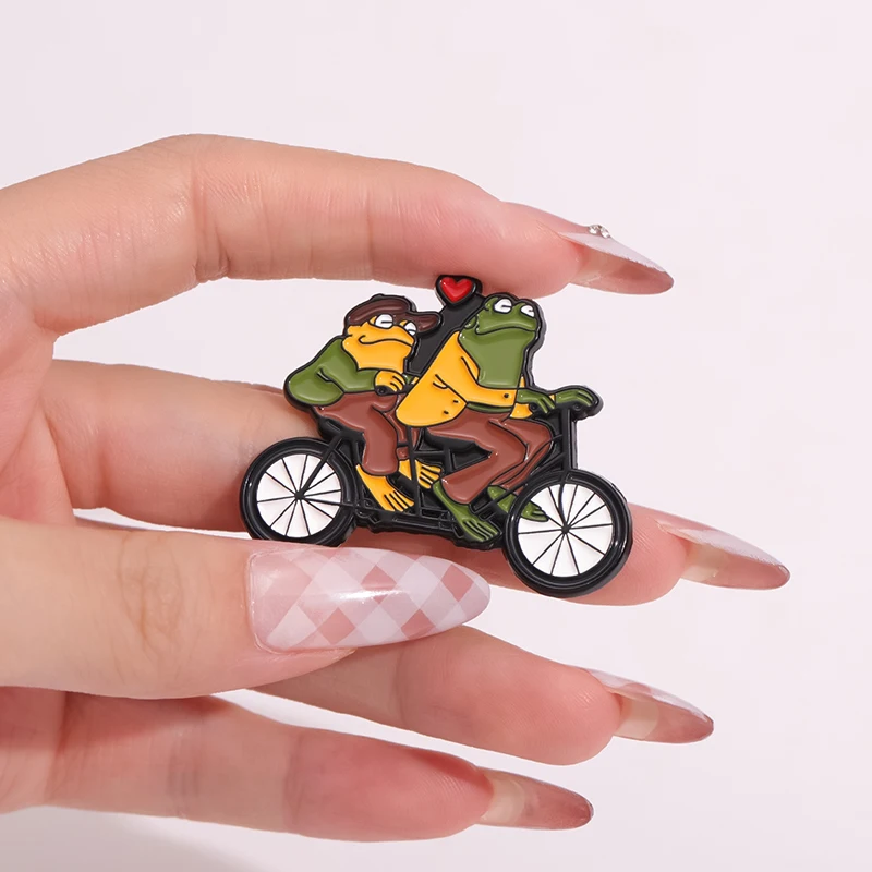 Frog and Toad Enamel Pins Custom Couple Tandem Bike Brooches Lapel