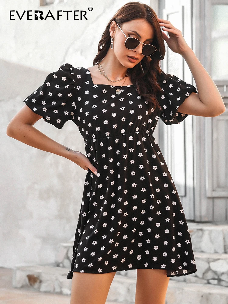 EVERAFTER Elegant Floral Print Women Dress Summer Short Sleeve Lace-up Bow Female A-line Sweet Office Lady Mini 2022 |