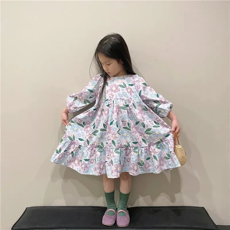 

2-10 Years Children Floral Dress for Girls Three Quarter Casual Dresses Toddler Baby Loose Cotton Dress Girl Outfits Clothing 6