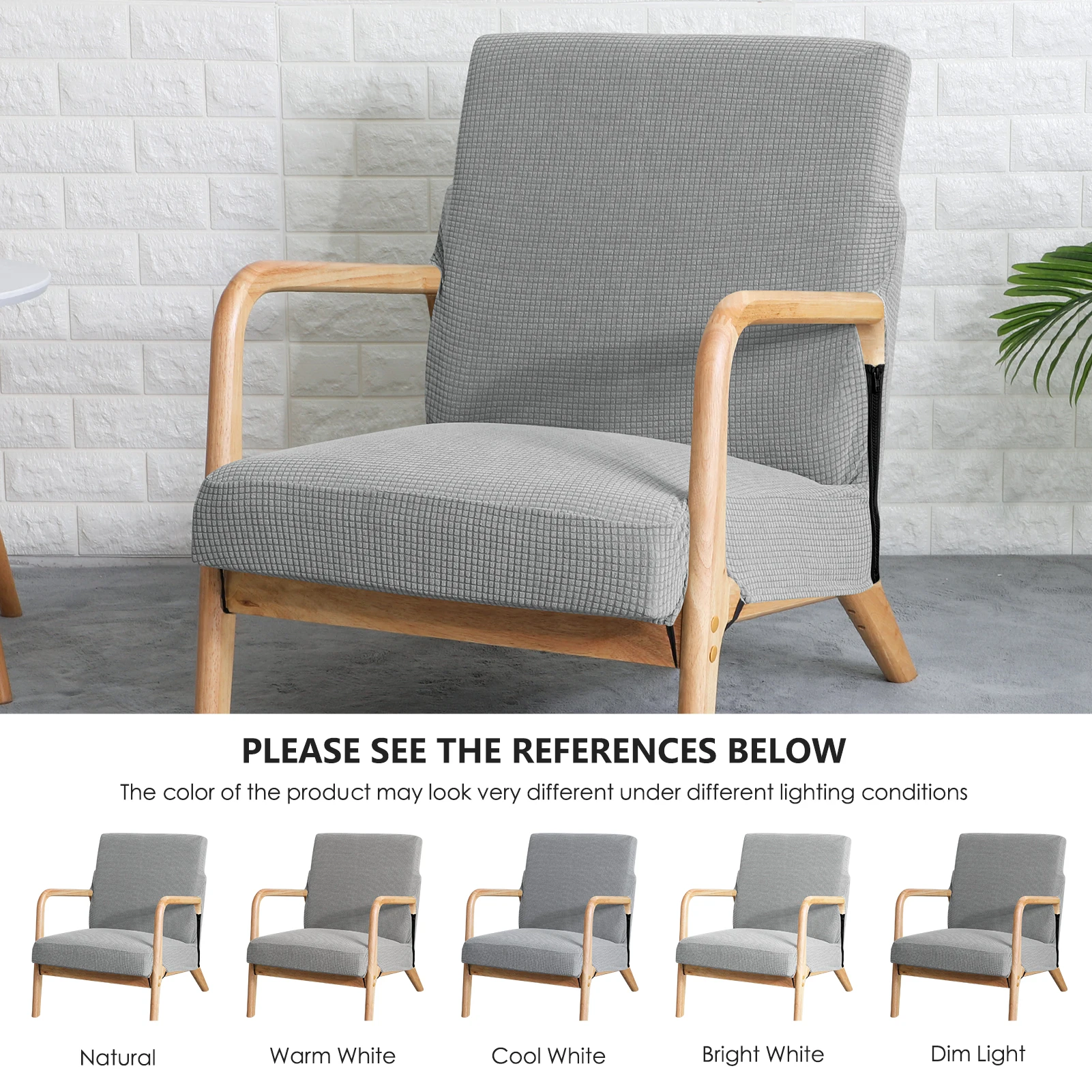 Water-Resistant Jacquard Armchair Slipcover - Solid Color Stretch Furniture Cover with Zipper