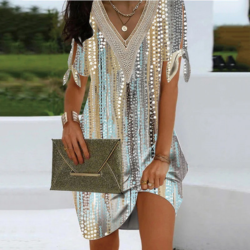 

2023 Summer New Dress Women Hollow Out Patchwork V-neck Short Sleeve Print Decoration Fashion Elegant Temperament Female Dress