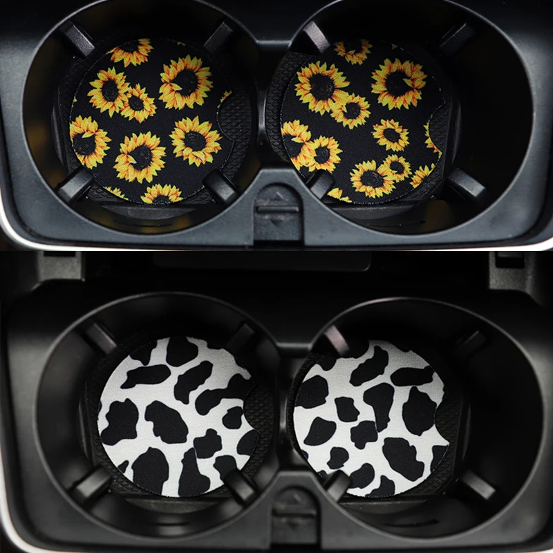2PCS Car Coaster Water Cup Bottle Holder Waterproof printing Anti-slip Pad Mat Composite rubber Interior Decoration Accessories