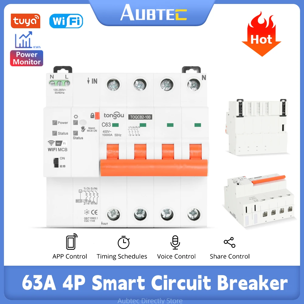 

63A 4P WIFI Tuya Smart Circuit Breaker Power Monitoring Smart Switch Timer Remote Control Automatic MCB Support Alexa Yandex