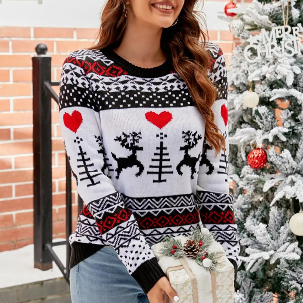 

Christmas Sweater Festive Women's Knit Sweaters Adorable Deer Xmas Tree Snowflake Jacquard Prints for Autumn Winter Seasons