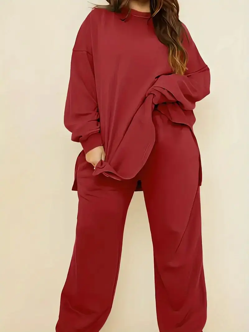 

Fashion Women Sporty Matching Set Cotton Round Neck Hooded Two Piece Pant Set Jogger Loose Cargo Pant and Long Sleeve Top Outfit