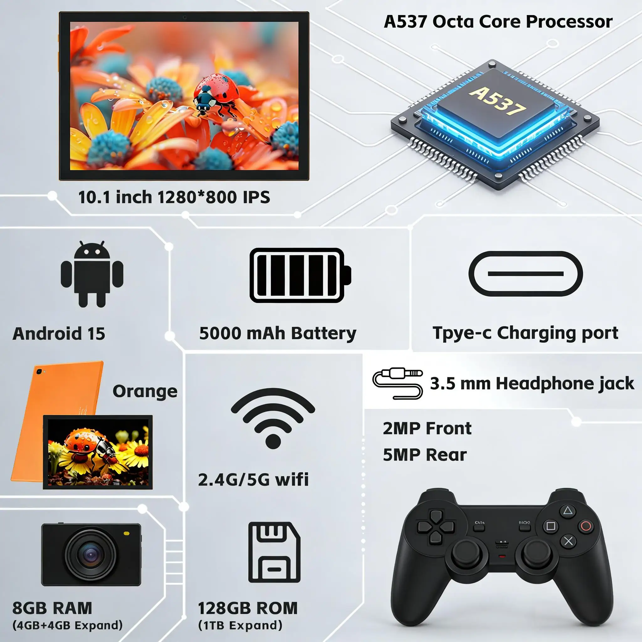 파이탄리 10.1인치 안드로이드 15 태블릿 8GB(4+4) 램 128GB 롬 옥타코어 1280*800 HD 5000mAh 5G 와이파이 1TB 확장 키즈 교육용 태블릿